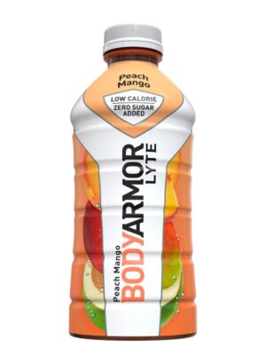 A bottle of Bodyarmor Lyte Peach Mango.