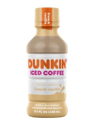 A bottle of Dunkin French Vanilla Iced Coffee
