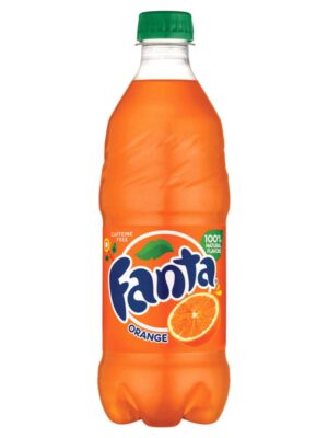 A bottle of Fanta Orange soda.