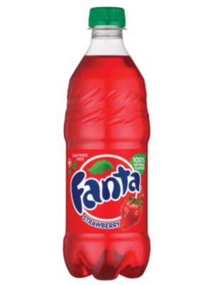 A bottle of Fanta Strawberry soda.