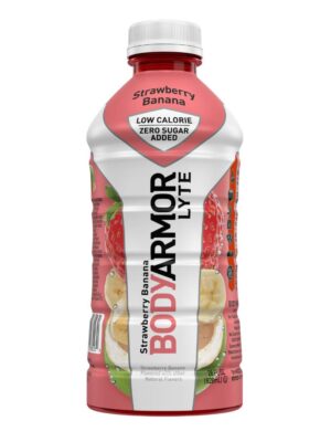 A bottle of Bodyarmor Lyte Strawberry Banana.