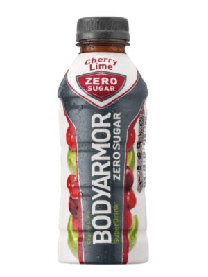 A bottle of Bodyarmor zero sugar cherry lime.